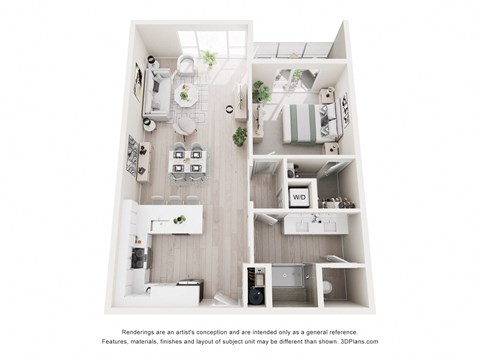 Floor plan for 1 bed, 1 bath, 935 sqft